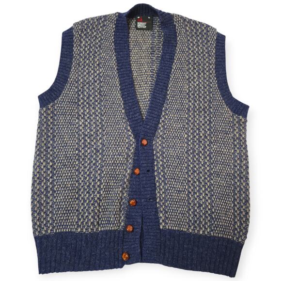 Vintage Robert Bruce Blue and Cream Sweater Vest Size Medium Wool Knit Blend - Picture 1 of 9